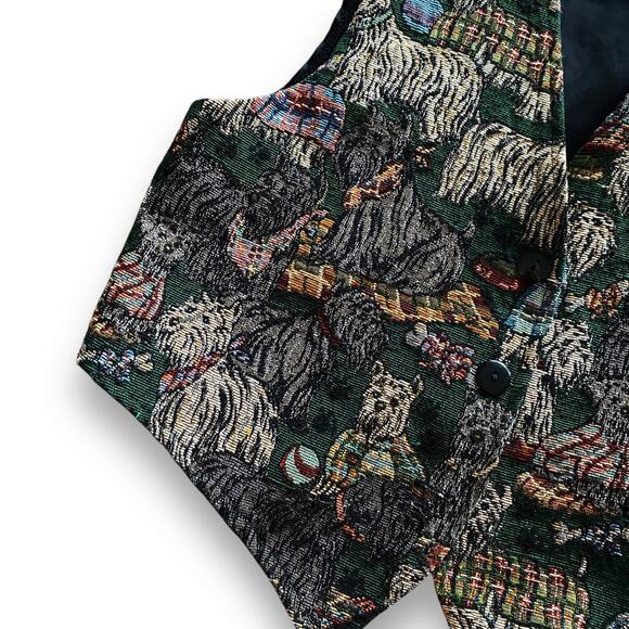 VNTG Tapestry Vest Dog Themed Sz M Green Multicolor Satin Tie Back 80s Y2k - Picture 16 of 16